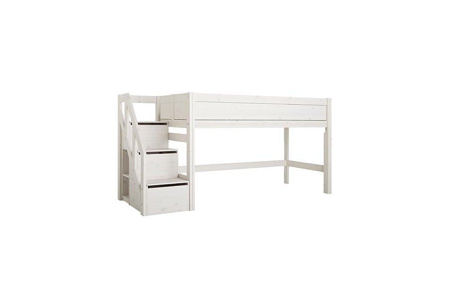 Halbhohes Bett mit Treppe Whitewash Standard Lamellenboden