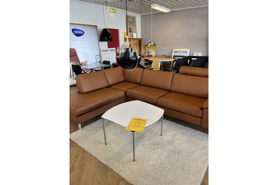 Houston ben sofa - cognacfarvet lder og hvidolierede egetrsben